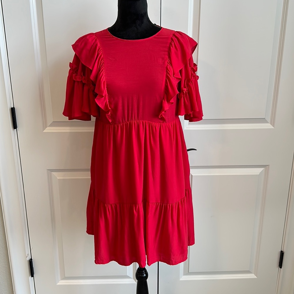 Who What Wear Red Ruffled Statement Sleeves, Tiered Dress - Picture 1 of 6